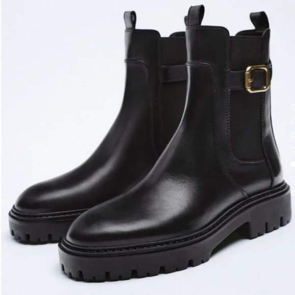 ZARA LEATHER ANKLE BOOTS WITH BUCKLE - Picture 4 of 7